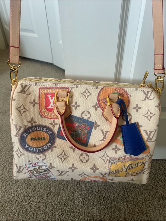 None Handbags - Beige Monogram Travel Patch Satchel with Blue Tag and Pink Straps
